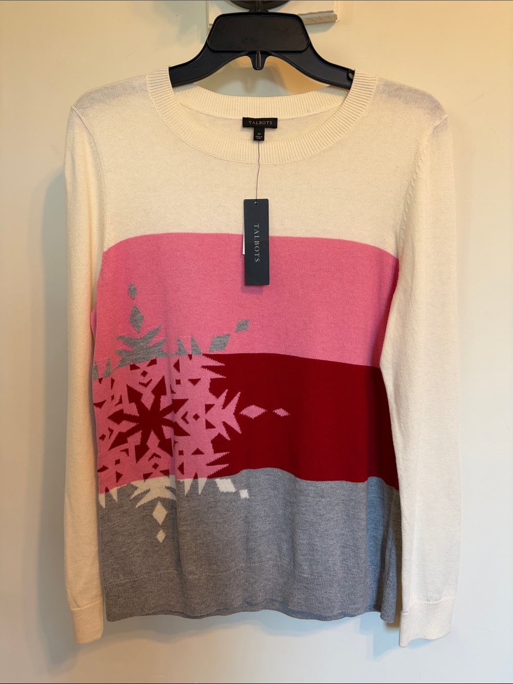 Talbots NWT Snowflake Colorblock Sweater Pink Red Gray Cotton Blend M